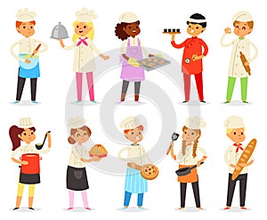 Cooking child vector children characters boy girl chef cooking food baking cookies illustration kitchener set of kids photo