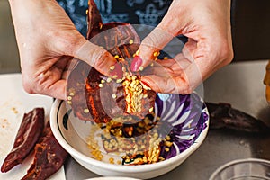 Cooking chile ancho, mexican dried chili pepper seeds photo