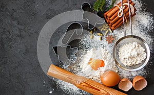 Cooking Christmas baking. Ingredients for the dough and the spices on the table. Flour, eggs, Cinnamon sticks, cardamom, star