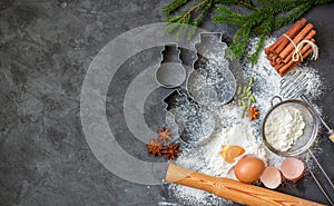 Cooking Christmas baking. Ingredients for the dough and the spices on the table. Flour, eggs, Cinnamon sticks, cardamom, star