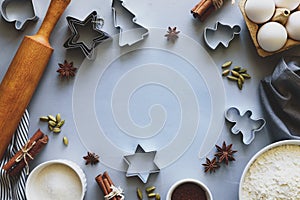 Cooking Christmas cookies. Ingredients for gingerbread dough: flour, eggs, sugar, cocoa, cinnamon sticks, anise stars