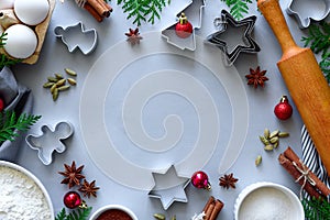 Cooking Christmas cookies. Ingredients for gingerbread dough: flour, eggs, sugar, cocoa, cinnamon sticks, anise stars and cookie