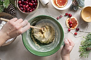 Cooking Christmas cookies. Mixing dough in a bowl. Step by step recipe