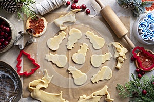 Cooking Christmas cookies. Snowman cookie cutter on dough. Step by step recipe