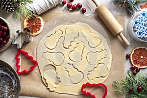 Cooking Christmas cookies. Snowman cookie cutter on dough. Step by step recipe