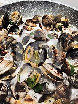 Cooking clams in a stone pan using parsley and white wine