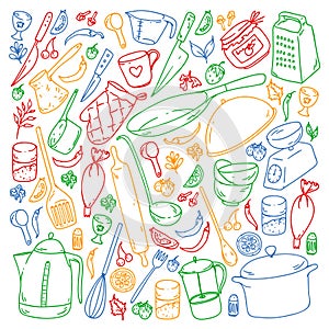 Cooking class. Kitchenware, utencils. Food and kitchen icons.