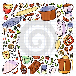 Cooking class. Kitchenware, utencils. Food and kitchen icons.