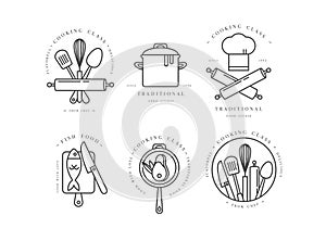 Cooking class linear design elements, kitchen emblems, symbols, icons or food studio labels and badges collection.