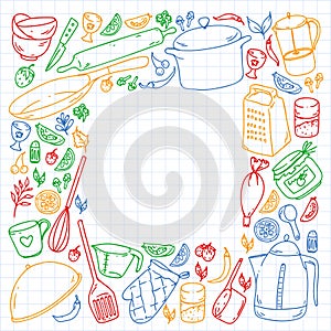 Cooking class. Menu. Kitchenware, utencils. Food and kitchen icons.