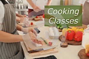 Cooking classes. Blurred view of people preparing meat in kitchen