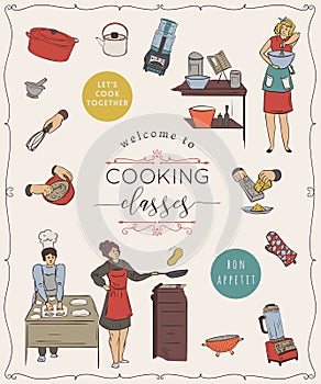 Cooking classes.Design template with people preparing meals, kitchen utensils and appliances.