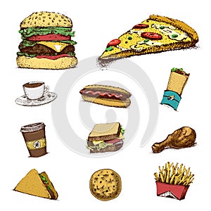 Cooking collection, fast food. pizza and burger, drink and french fries, chicken and sandwich, hamburger and coffee, hot