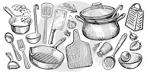 Cooking concept. Kitchen utensils set in vintage engraving style. Sketch illustration