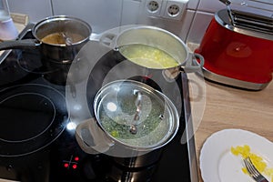 Cooking on cooker in the kitchen with hot steam and pots on a ceran stove to cook delicious meals for the family photo