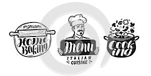 Cooking, cuisine logo. Icon and label for design menu restaurant or cafe. Handwritten lettering, calligraphy vector