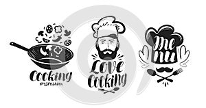 Cooking, cuisine logo. Label set for design menu restaurant or cafe. Handwritten lettering, calligraphy vector