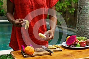 Cooking culinary class. peeled banan