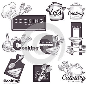 Cooking culinary school logo vector sketch icons