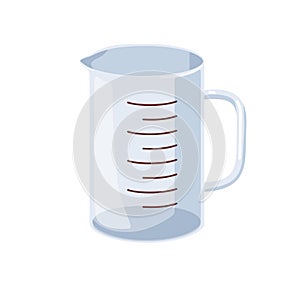 Cooking cup, measuring glass. Plastic jug, kitchen container for liquid volume measurement. Empty beaker, kitchenware
