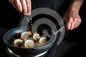 Cooking cutlets on grill pan by chef or cook hands on black background for copy space text restaurant menu. The chef adds salt