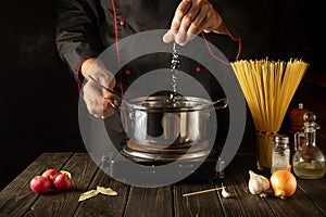Cooking delicious soup for lunch. Working environment in the kitchen. The chef adds salt to the stock pot. Cucina italiana photo