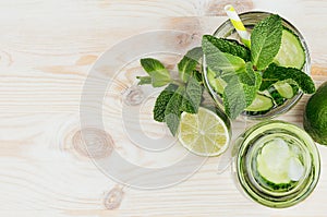 Cooking detox fitness mineral water with cucumber, lime, mint and straw on soft beige wood background, top view, border.