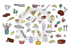 Cooking doodles, kitchen elements vector set. Cute colorful doodle illustrations collection of utensils, kitchenware, food, meal