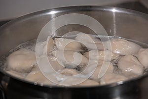 Cooking dumplings with meat by boiling in water in a pan, details, closeup