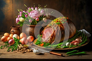 cooking easter ham from eggs and vegetables on wooden table