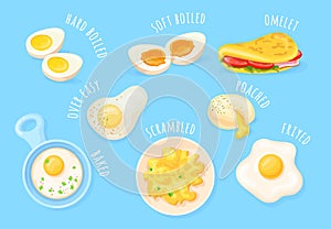 Cooking eggs method. Chicken egg preparations cook ways, fried baked soft or hard boiled scrambled omelette poached with