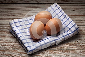 Cooking eggs napery kitchen wood teak vintage still life background