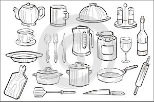 Cooking equipment set, kitchen utensil icons hand drawn vector illustration