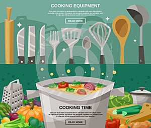 Cooking Equipment And Time Banners Set