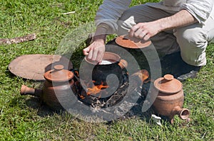 Cooking on fire. Medieval lifestyle