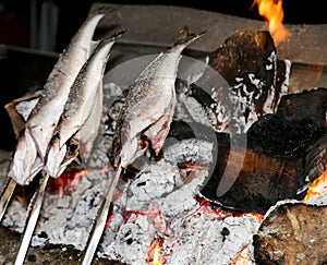 Cooking fish grilled over hot coals bonfire