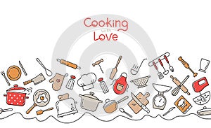 Cooking flat horizontal seamless pattern. Kitchen utensil and appliance cartoon texture.