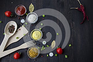 Cooking food background with free space for text. Composition with ingredients over the wood background. Ingredients for cooking