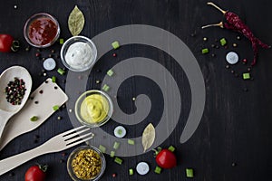Cooking food background with free space for text. Composition with ingredients over the wood background. Ingredients for cooking