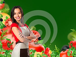 Cooking and food concept - smiling female chef, cook or baker with fork showing crossed arms sign over falling vegetables on green