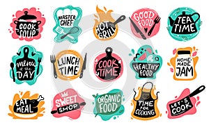 Cooking food lettering. Kitchen badge logos, baking foods typography and cook labels vector set