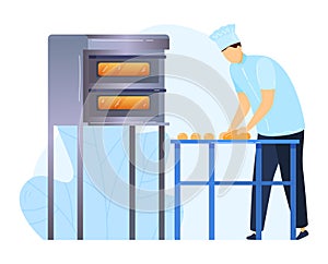 Cooking food, man prepares dough for baking, modern electric oven, design cartoon style vector illustration, isolated on