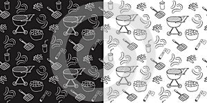 Cooking food seamless pattern in Doodle style on a white and black background with  sausage,grill and ax. Abstract infinite textur