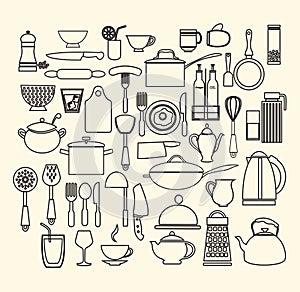 Cooking foods and kitchen icons set