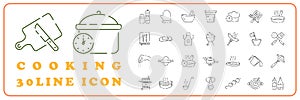 Cooking Foods and Kitchen outline icons set. Restaurant cook, barbecue and picnic for eat meal