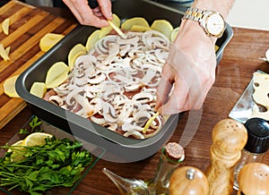 Cooking french-style meat. Adding portatoes