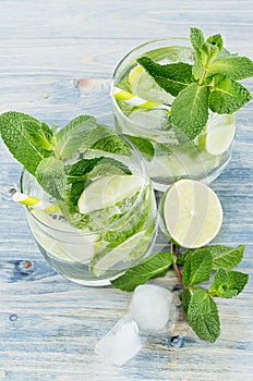 Cooking fresh cold summer beverage mojito with lime, leaf mint, straw, ice cubes, soda on white wood background.