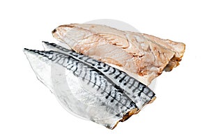 Cooking of fresh raw mackerel fillet fish on a cutting board. Isolated, white background.