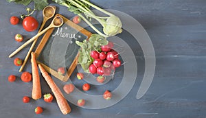 Cooking with fresh vegetabels and fruit in the springtime, flat lay,menu blackboard,free copy space