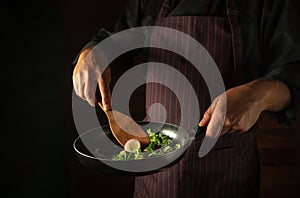 Cooking fresh vegetables in the restaurant kitchen. A frying pan with vegetables and a spatula in the hands of the chef. Vegetable